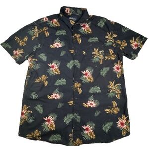 Rumors Button Down Shirt Tropical Floral Palm Print Short Sleeve Large Navy Blue